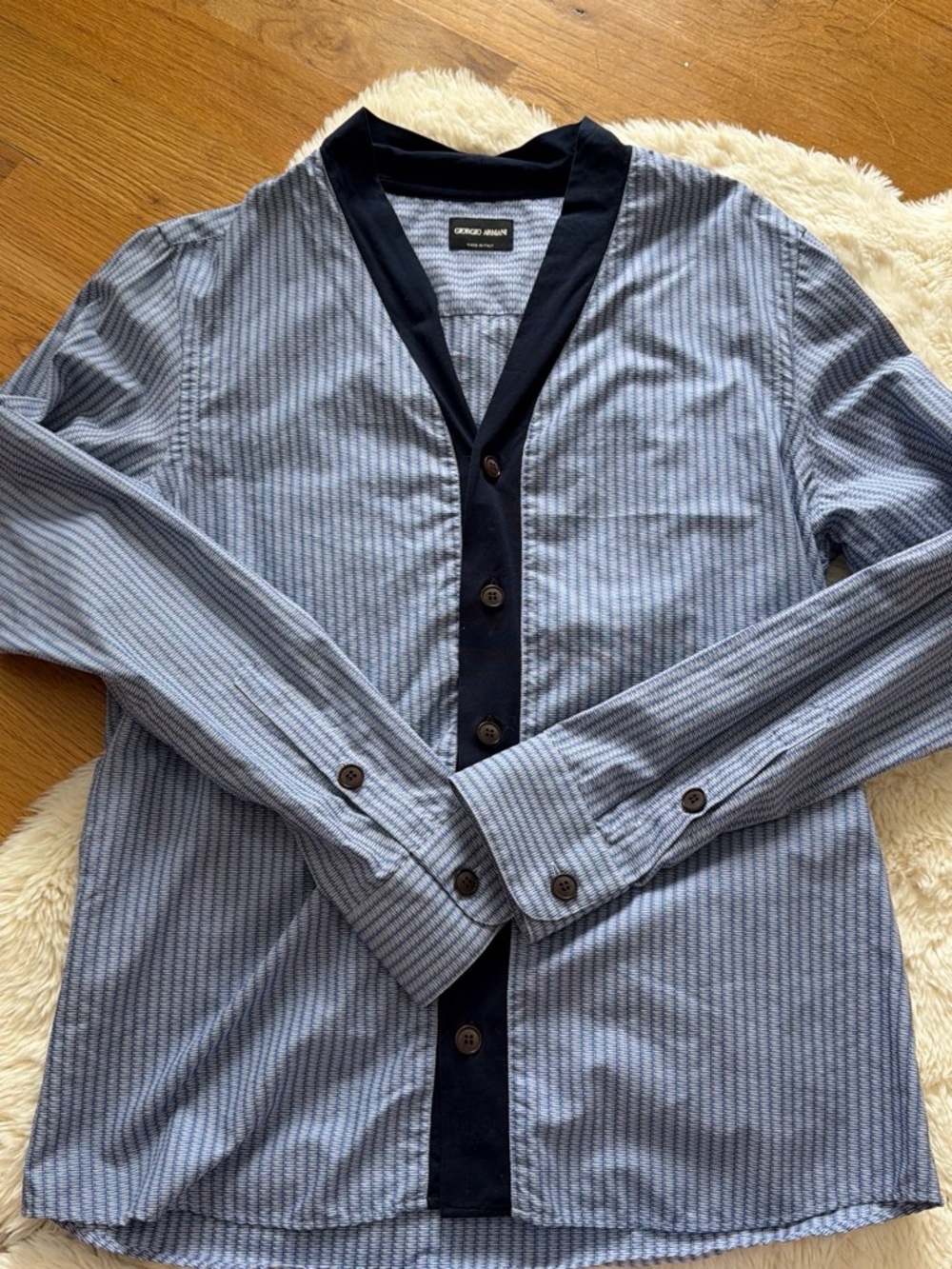 Giorgio Armani Light Blue Striped Button-Front Knit Shirt Jacket with Navy Trim